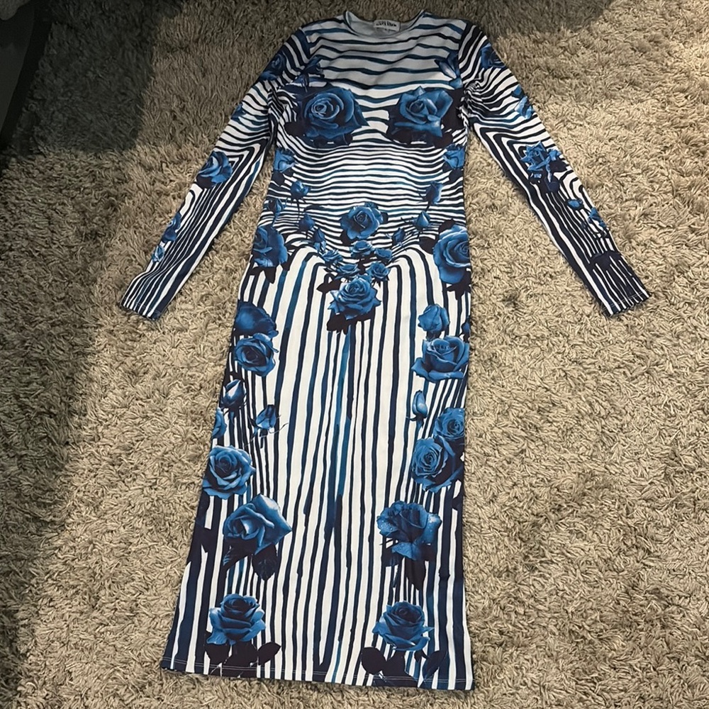 Jean Paul Gaultier Blue and White Floral Long Sleeve Dress